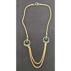 Antique 1/20 12KT GF Double Swag Gold Filled Chain Emerald Rhinestone Necklace